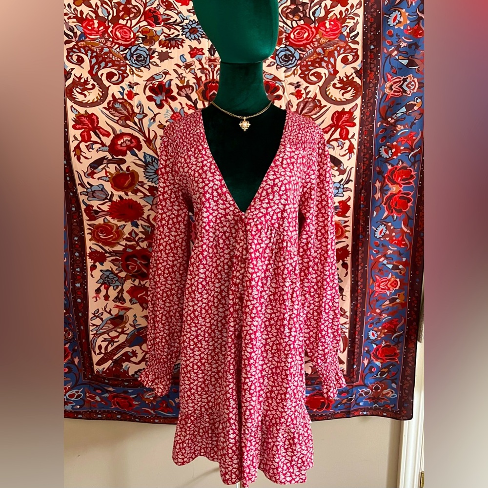 ASOS Floral White & Red Babydoll Long Sleeve Dress